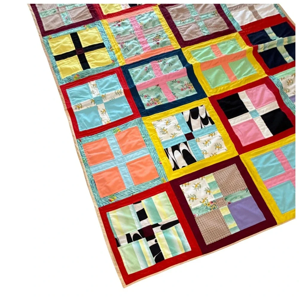 Handmade Patchwork Quilt Multi Color Block Floral Geometric Folk Art APROX 88x72